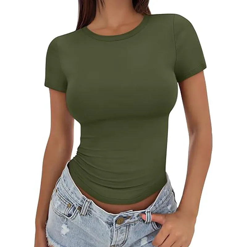 Sandra women's fitted crew neck t-shirt slim silhouette hip-length breathable cotton blend stretch