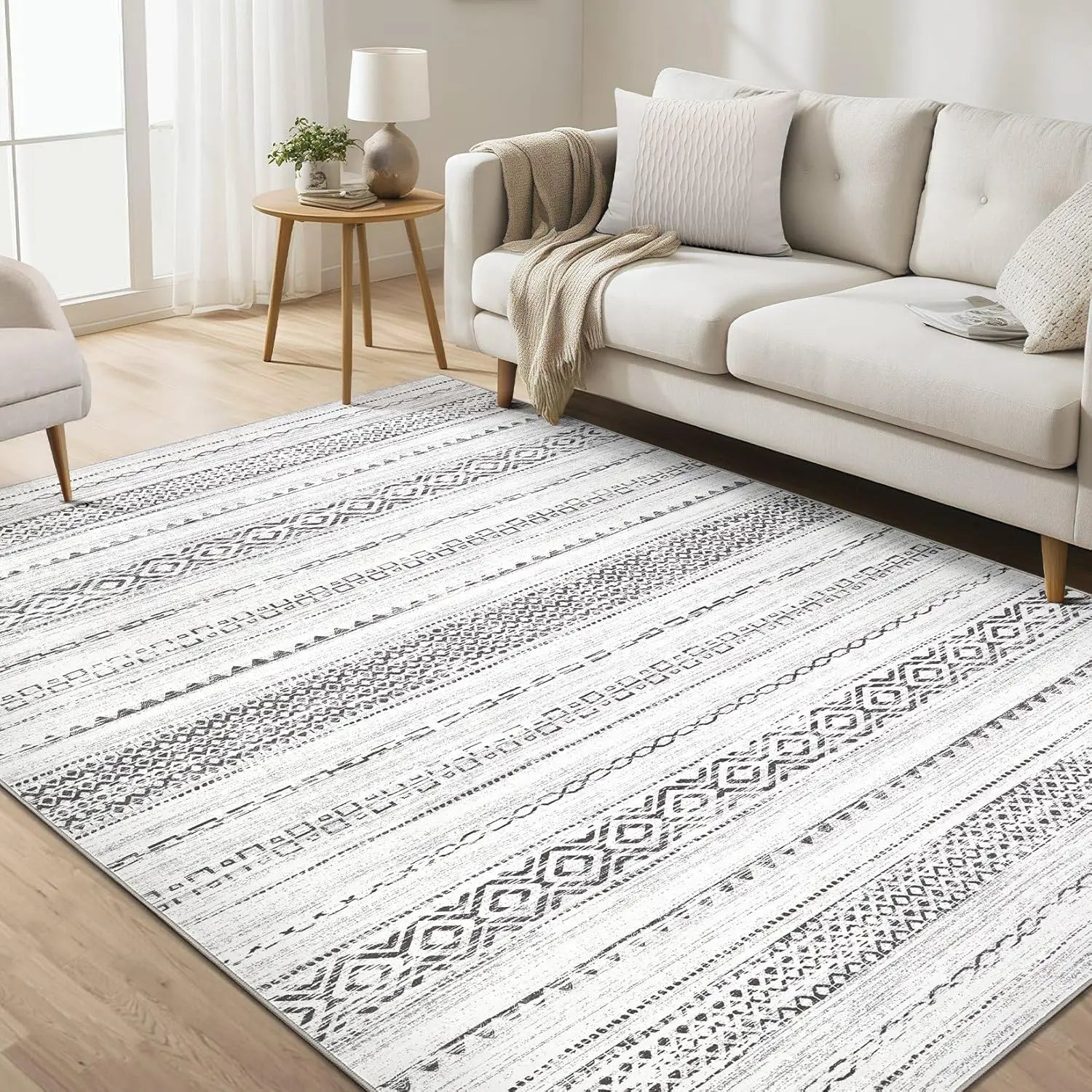 Washable Moroccan geometric boho farmhouse indoor rug, non-slip, ideal for bedrooms and dining areas