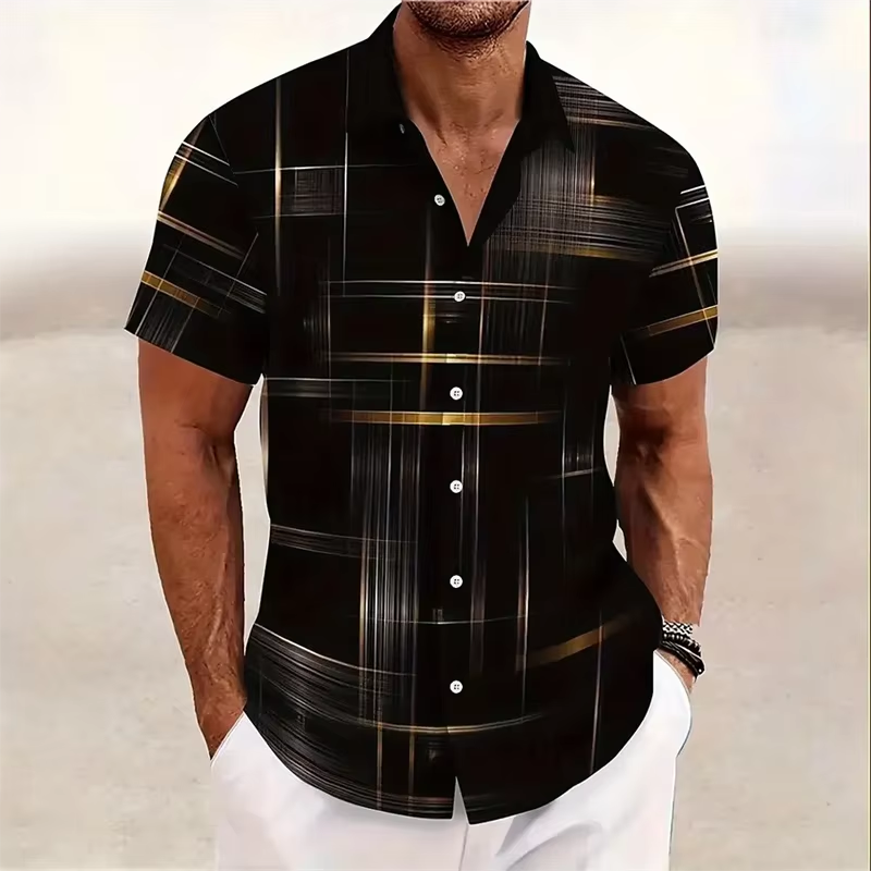 Men's short sleeve button-down shirt bold 3D geometric plaid print breathable casual fit