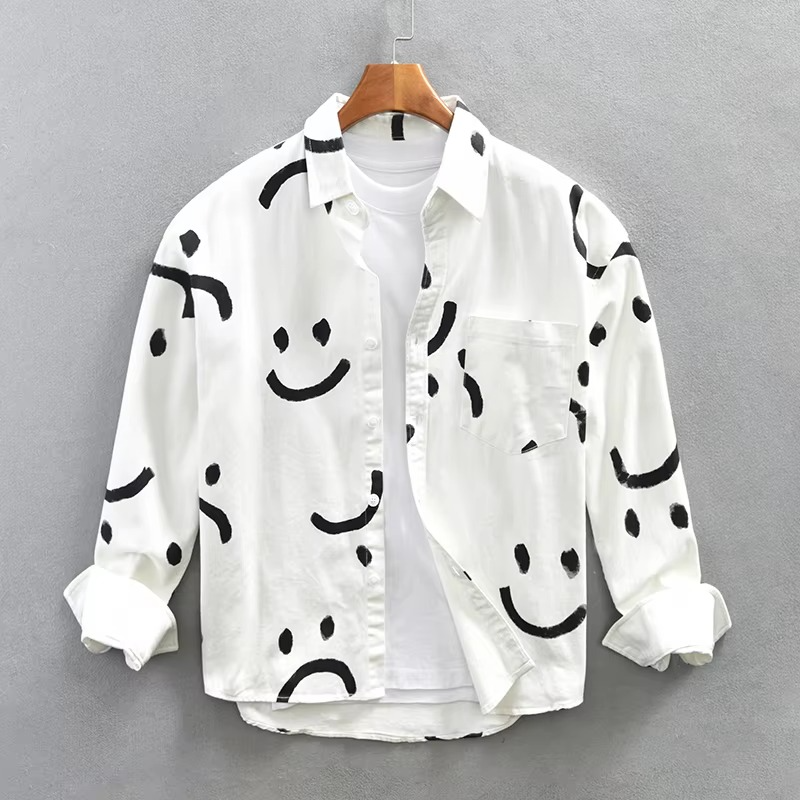 Men's thick cotton overshirt with graphic smiley pattern, long sleeve rugged workwear layer