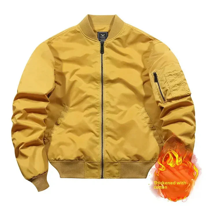 Men's olive green pilot bomber jacket classic silhouette with sustainable fabric construction