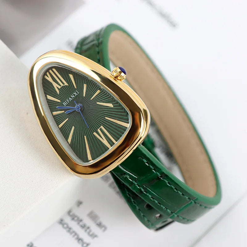 Cadmus luxury quartz wristwatch snake-shaped curved dial leather band vintage retro artisan design