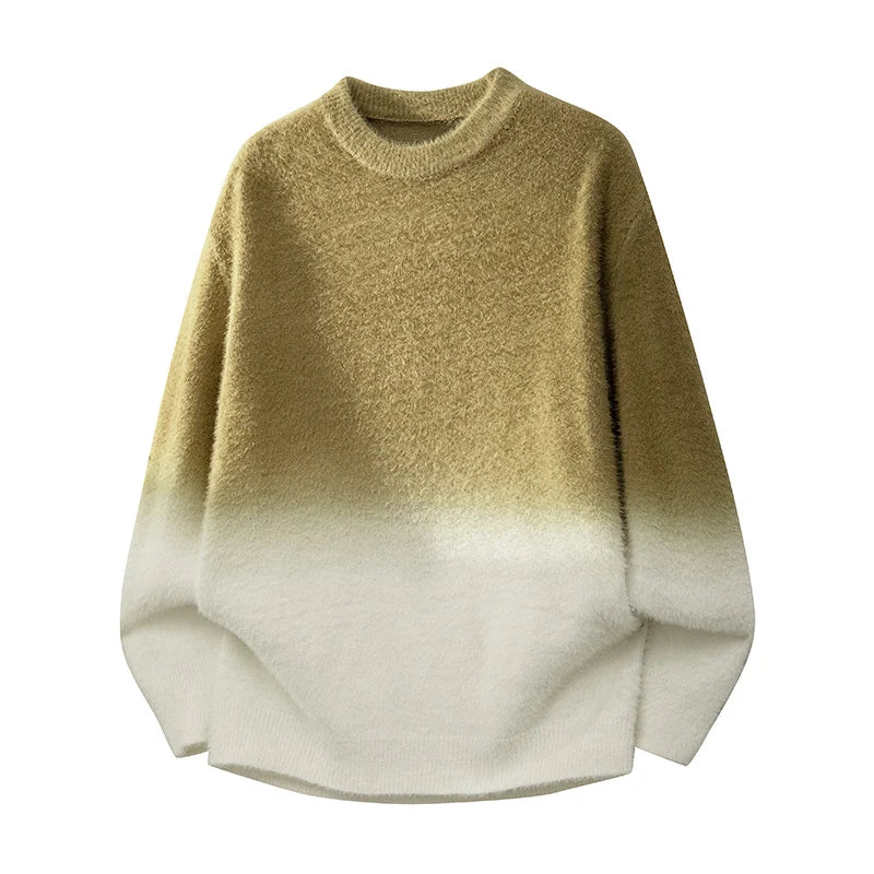 Unisex ombre knit sweater with deep gray to cream gradient fade, soft-touch casual layering essential
