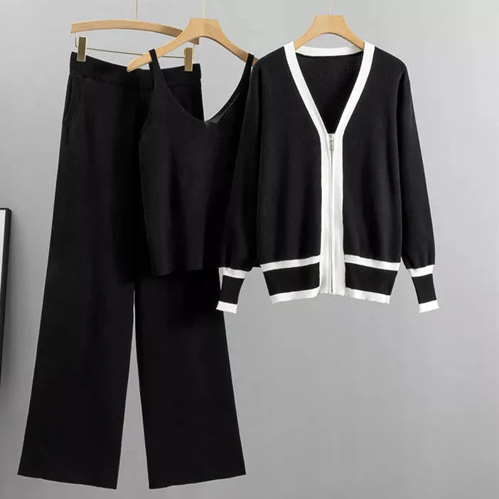 Women's relaxed fit zip-front cardigan and wide-leg pants matching set for chic everyday comfort