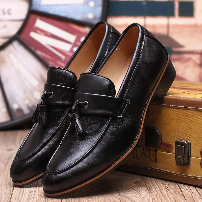 Brown leather loafers moccasin-style stitched toe slip-on professional dress shoes all-day comfort