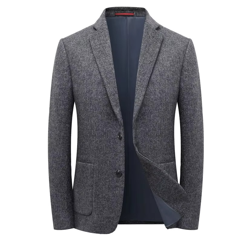 Men's gray wool tweed blazer tailored fit business casual with herringbone texture