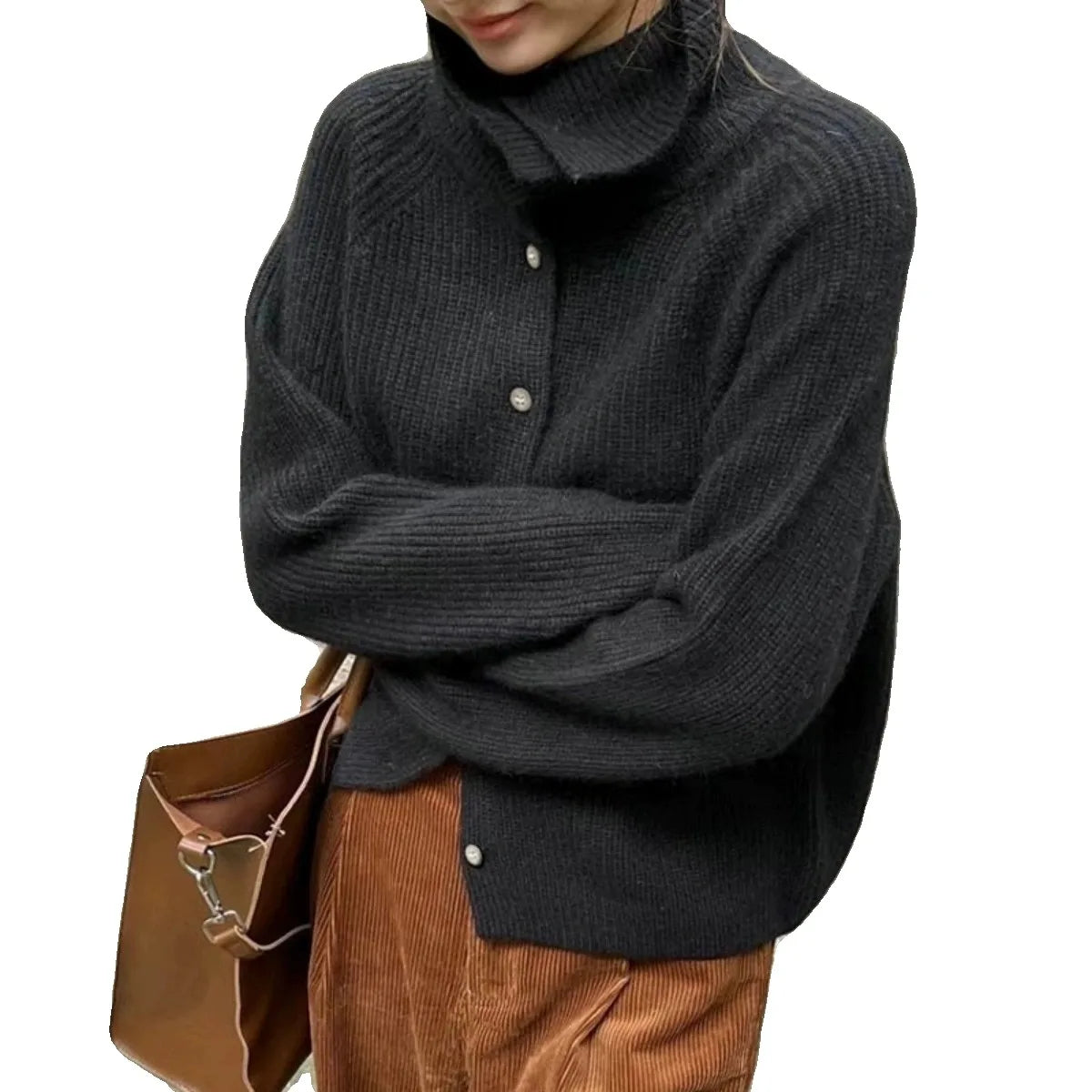 Women's cozy knit cardigan high neck loose fit cashmere-like wool layering essential