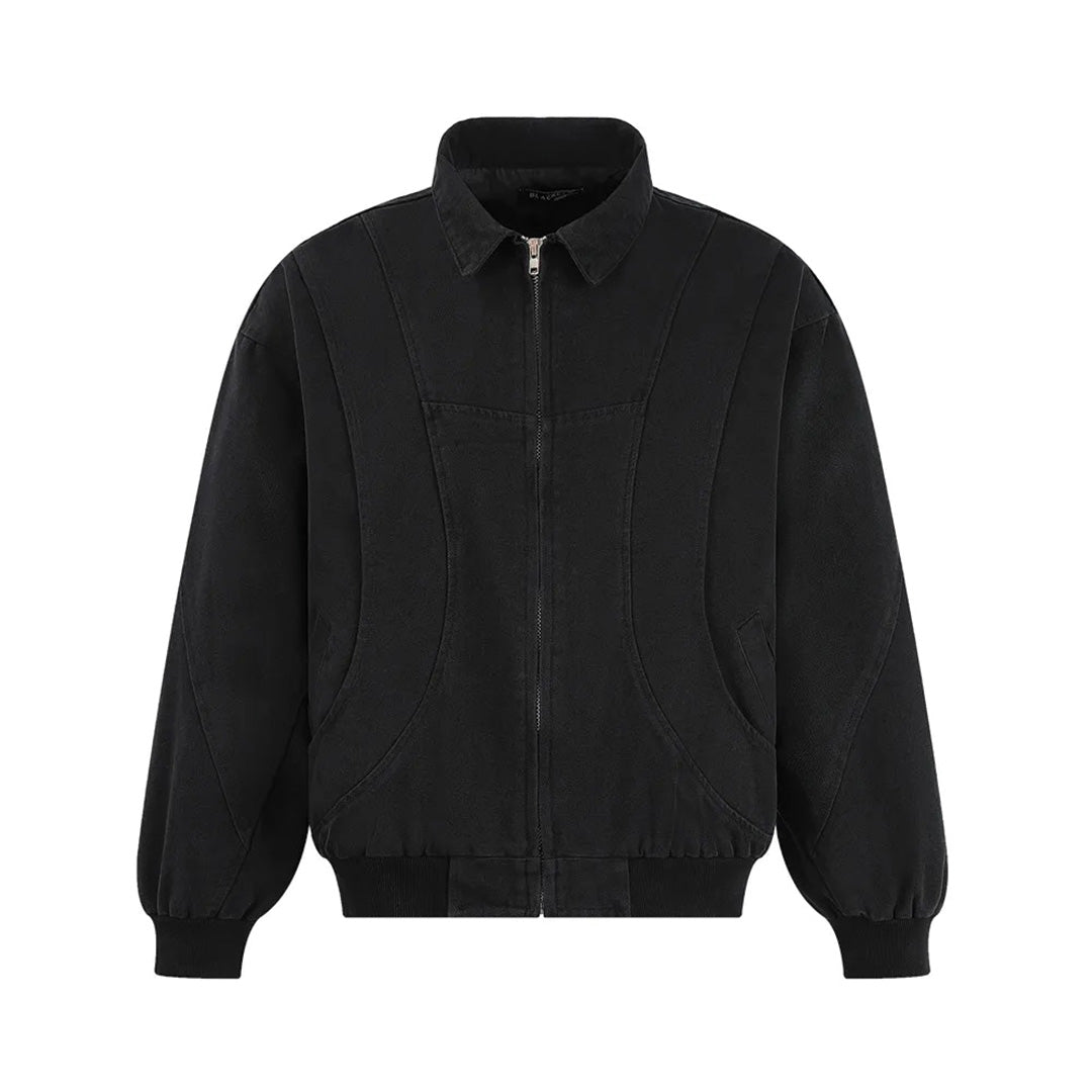 Retro spliced canvas cargo jacket in neutral tones, vintage utilitarian cut with contrast panel detailing