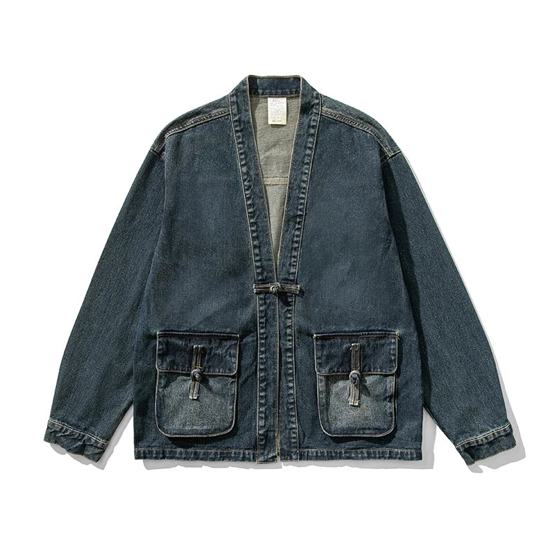 Men's soft-washed denim kimono jacket streetwear style with wide sleeves and large front pockets