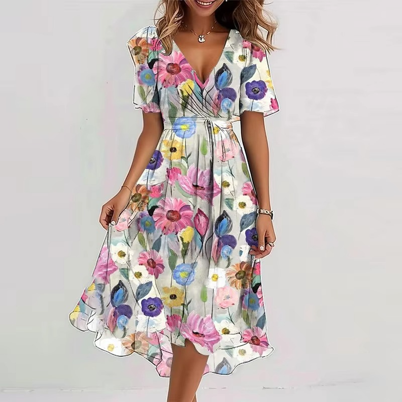 Women's floral print V-neck loose fit summer dress with short sleeves, breezy lightweight fabric