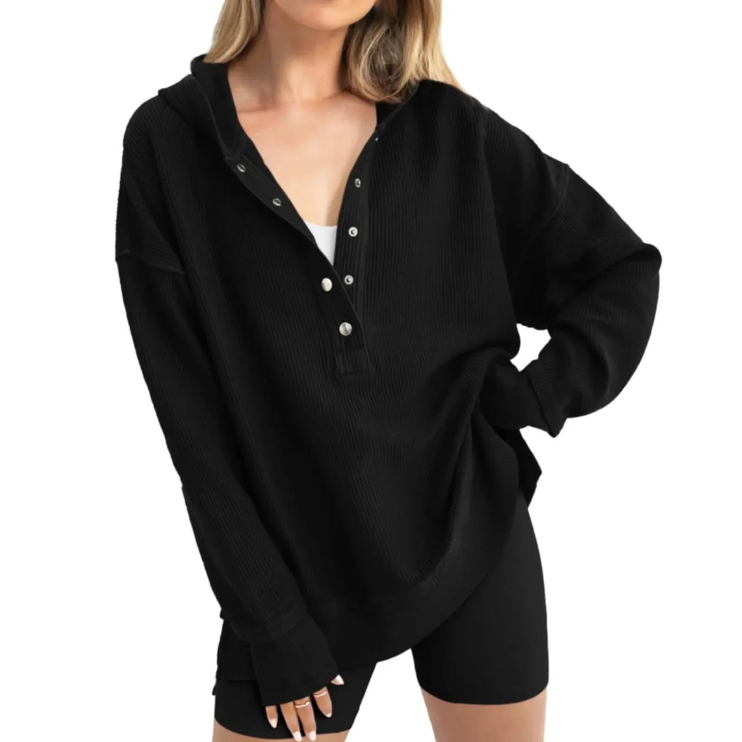 Women's oversized ribbed knit pullover hoodie with snap-button V-neck in cozy casual style