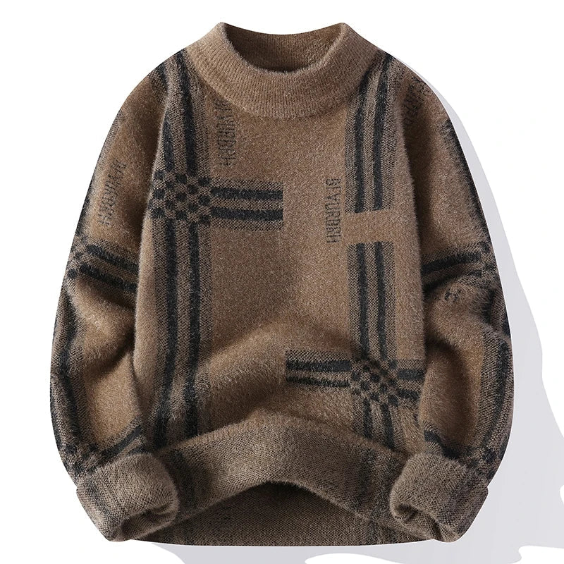 Women's plaid fuzzy knit sweater in cozy vintage style with soft textured fabric for effortless layering
