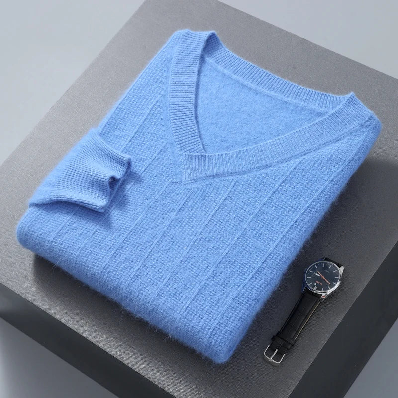 Men's loose fit wool blend V-neck sweater, soft breathable knit pullover perfect for layering