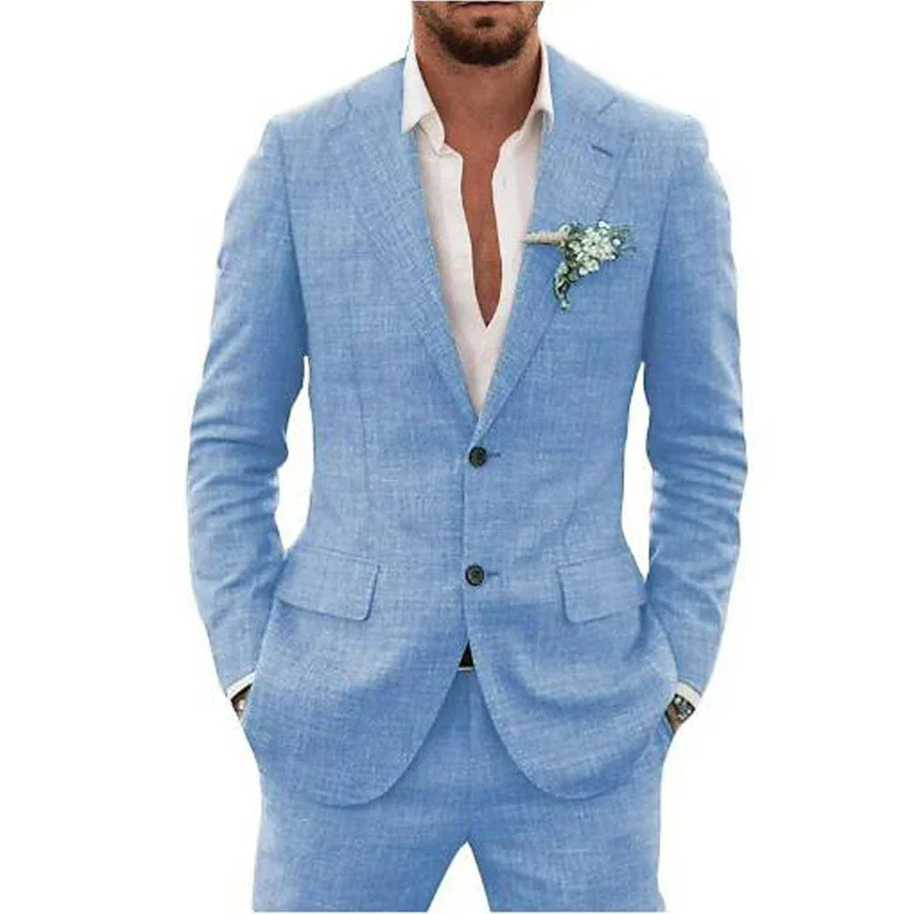 Men's slim fit two-piece wedding suit in classic tone with sharp peaked lapel jacket and trousers