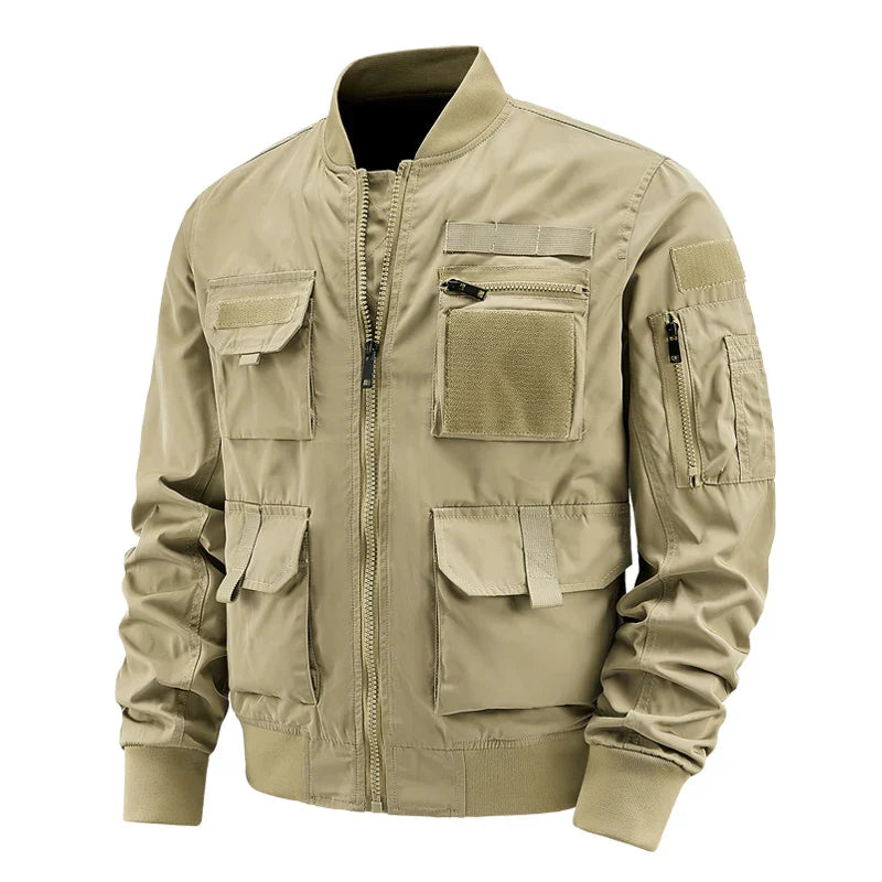 Men's olive utility jacket multi-pocket velcro closure rugged cargo style secure zip chest pocket