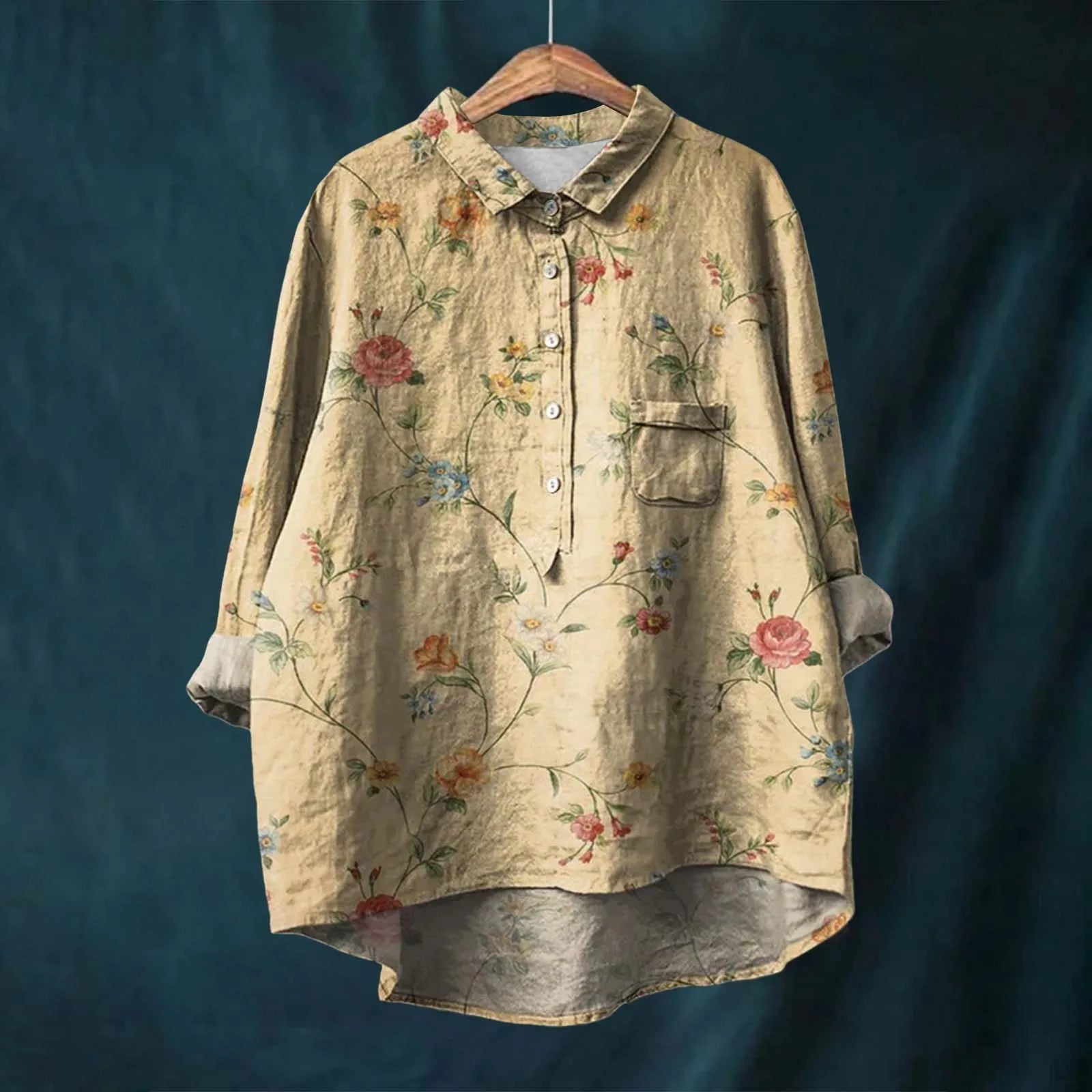 Women's relaxed-fit botanical floral shirt in soft tones with high-low hem, breathable all-season style