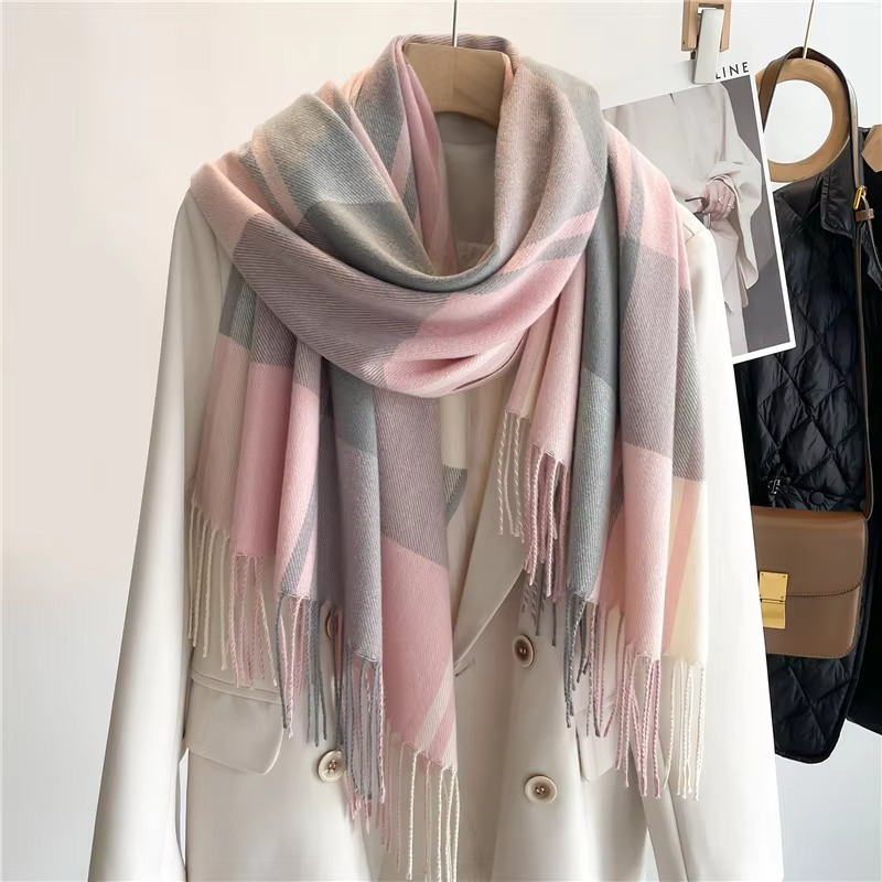 Women's thick cashmere-blend plaid winter scarf in classic pattern with luxurious tassel trim