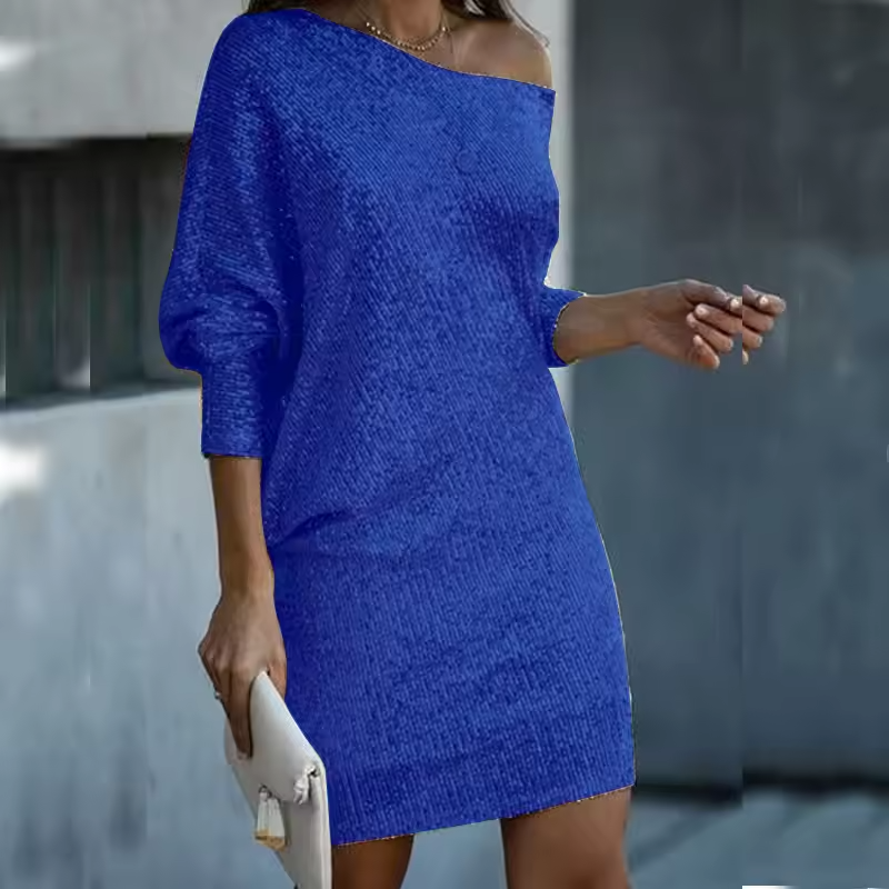 Women's silver sequined off-shoulder mini dress, loose fit with 3/4 sleeves, glamorous party style