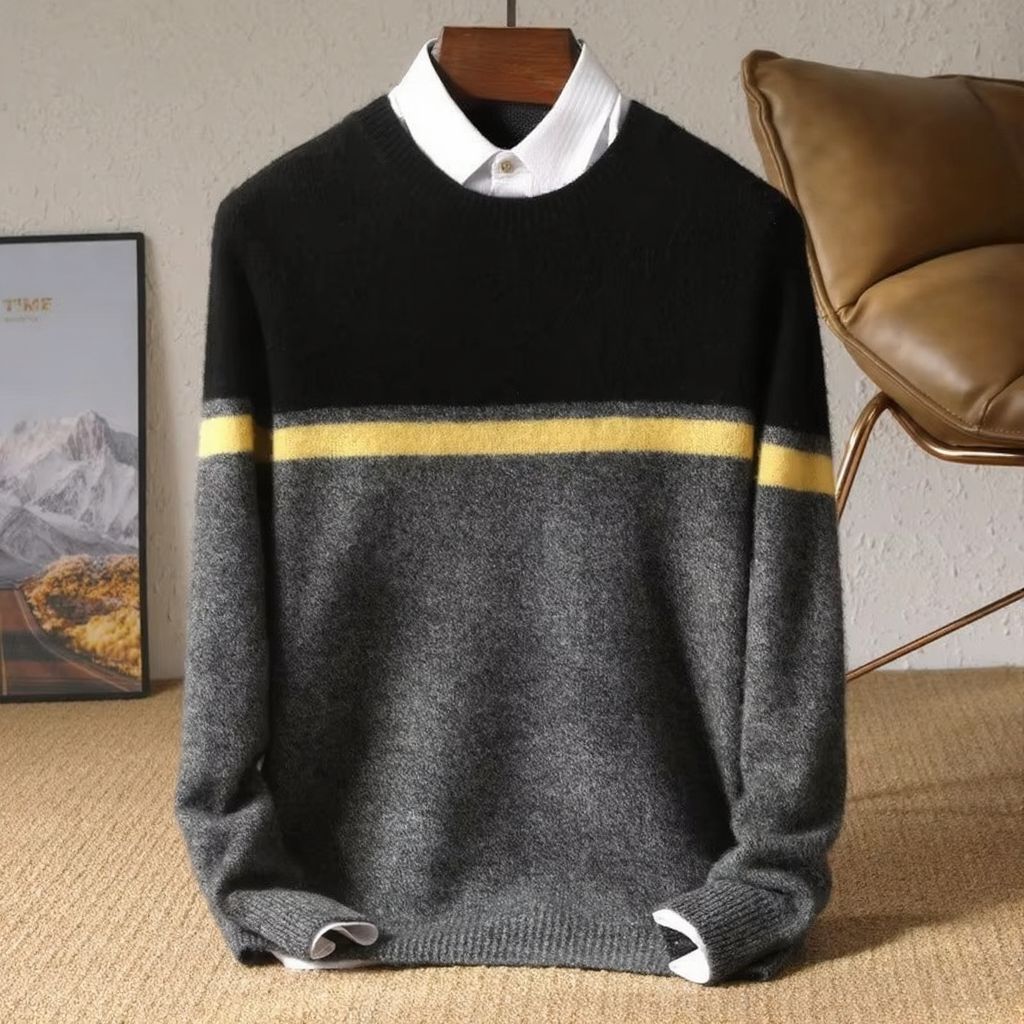 Men's merino wool sweater in contrast panel colorblock design, slim fit, breathable casual style