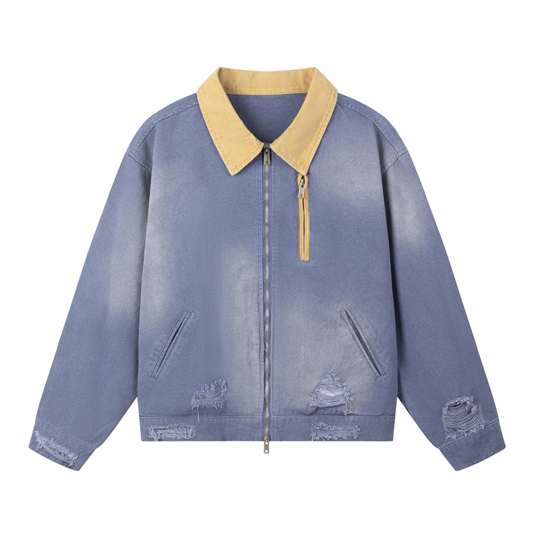 Sun faded unisex denim jacket vintage distressed wash color block accents relaxed everyday fit