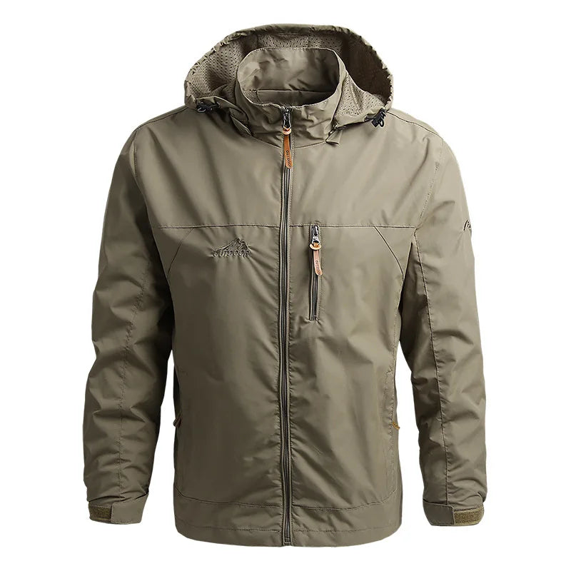 Men's hooded rain jacket breathable water-repellent softshell in neutral tone for outdoor adventures