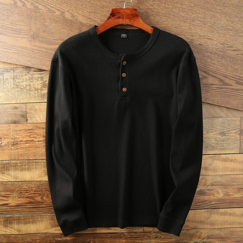 Men's ribbed relaxed fit Henley shirt, casual everyday style with textured rib-knit fabric