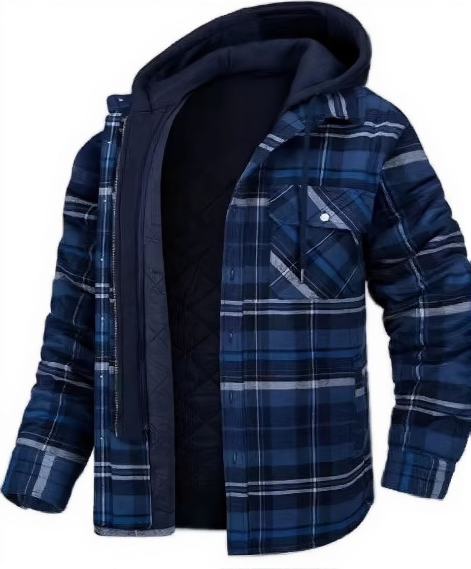 Men's insulated plaid hooded winter jacket thick quilted lining warm outerwear casual style