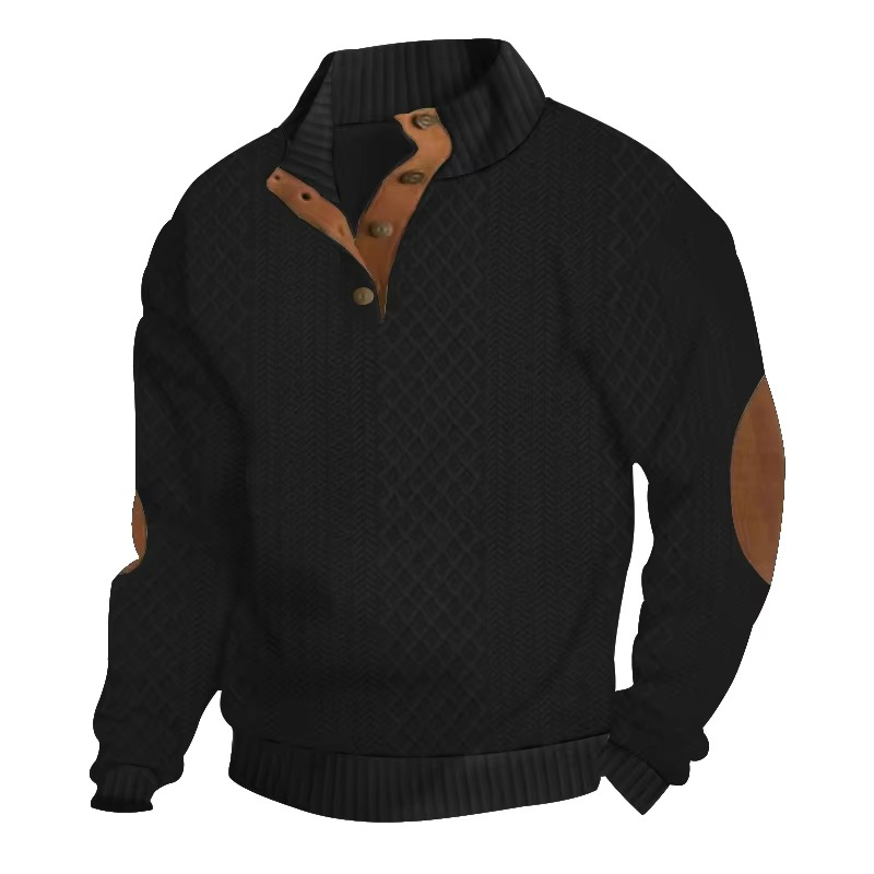 Men's burgundy jacquard knit button-front sweater with structured standing collar for smart-casual wear