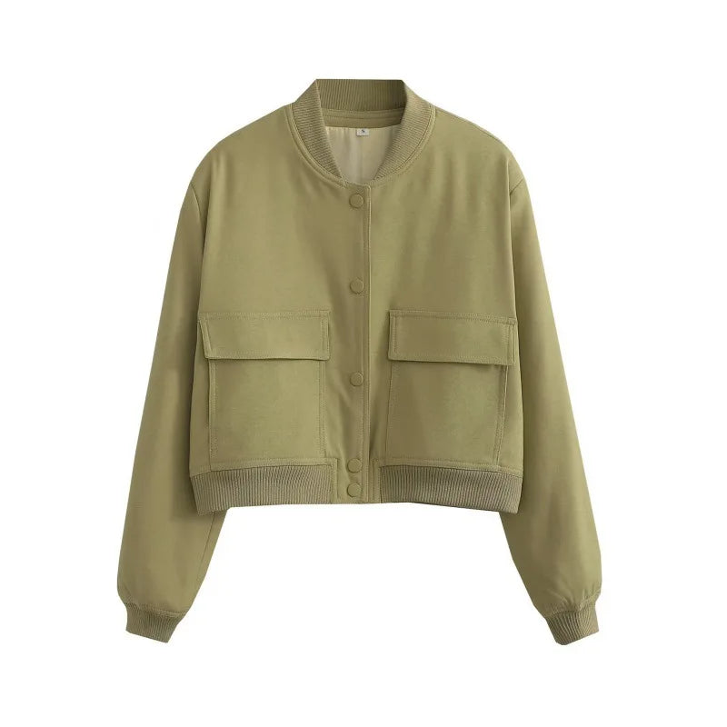 Clara women's casual bomber jacket with pocket front detail, minimalist silhouette for everyday elegance