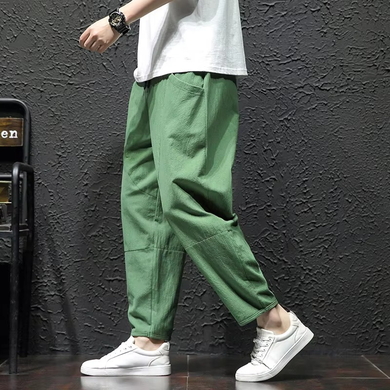 Men's cotton Japanese-style cropped pants breathable loose casual fit lightweight summer trousers