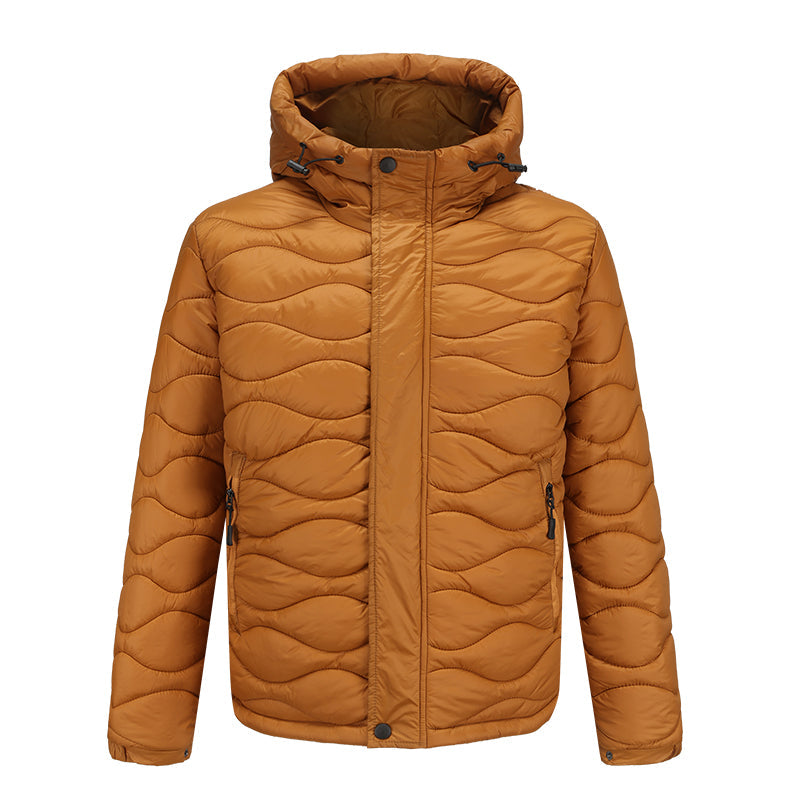 Men's navy windproof outdoor jacket with zippered pockets and adjustable hem for weather protection