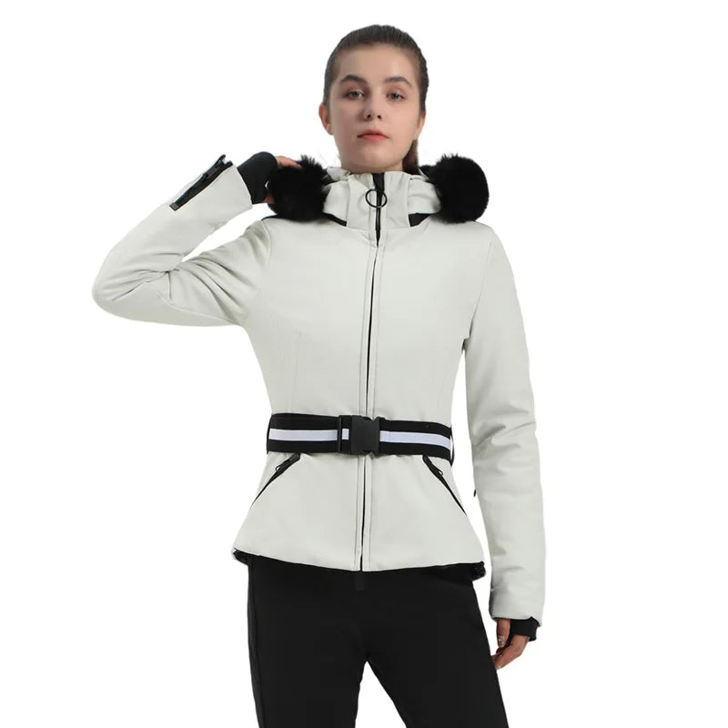 Women's patterned winter ski jacket structured fit bold contemporary print layered outerwear