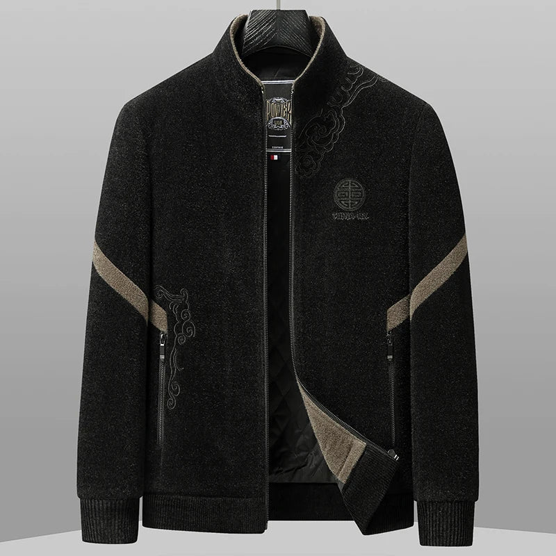 Color-block velvet sweater mandarin collar bold stripes quilted lining warm poly-wool casual fit