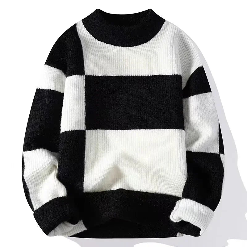Colorblock crewneck knit sweater bold check pattern relaxed fit multicolor everyday layer
