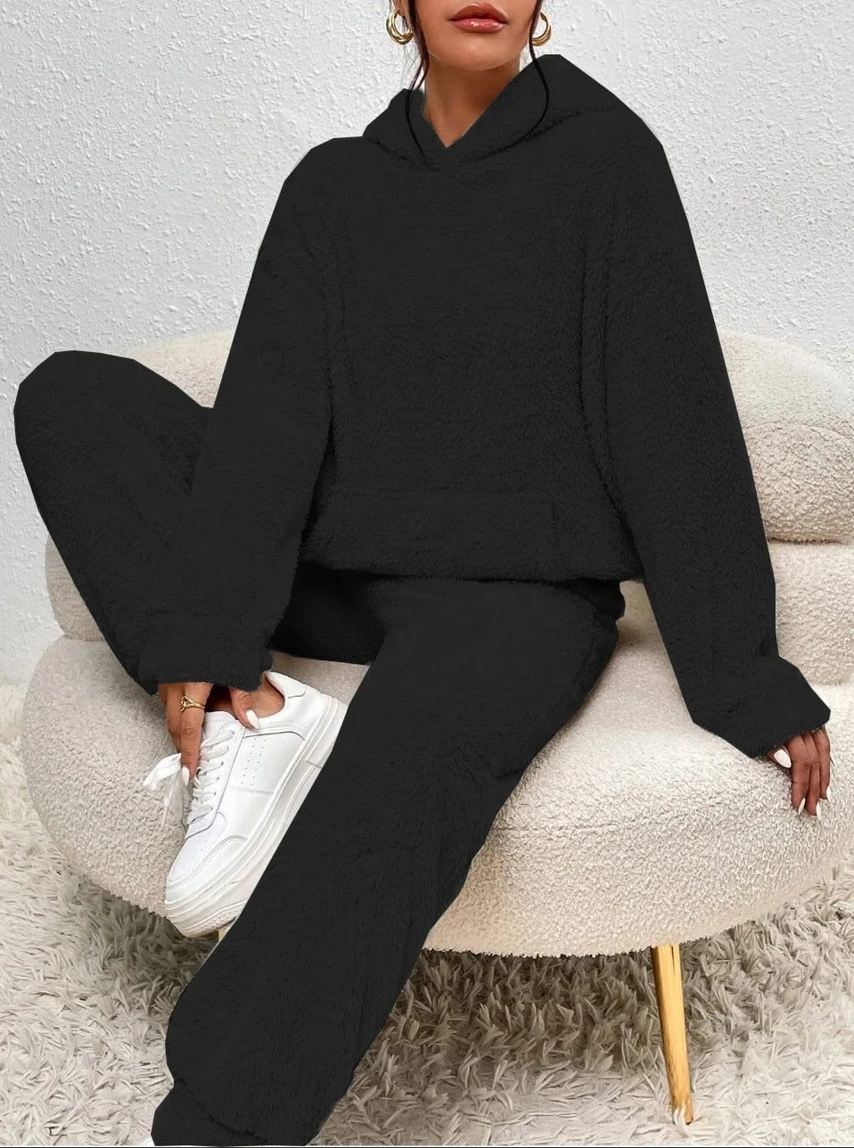 Women's soft plush two-piece lounge set in cozy relaxed fit, perfect for slow mornings