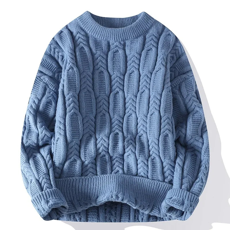 Unisex cable knit crewneck sweater with thick textured pattern, soft warm layering essential