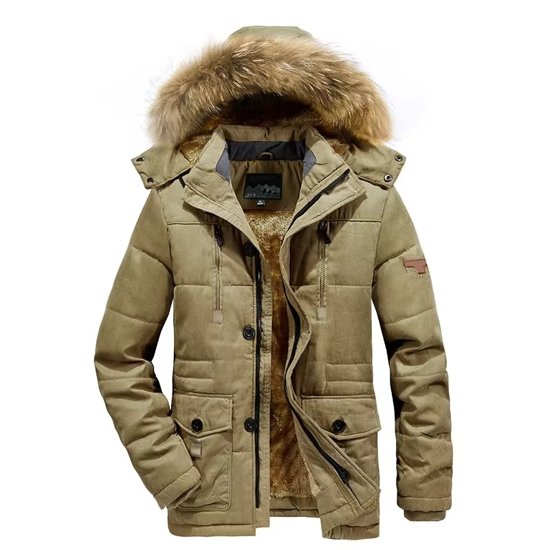 Men's dark winter parka jacket with thick fleece lining, rugged hooded cut for cold weather hiking