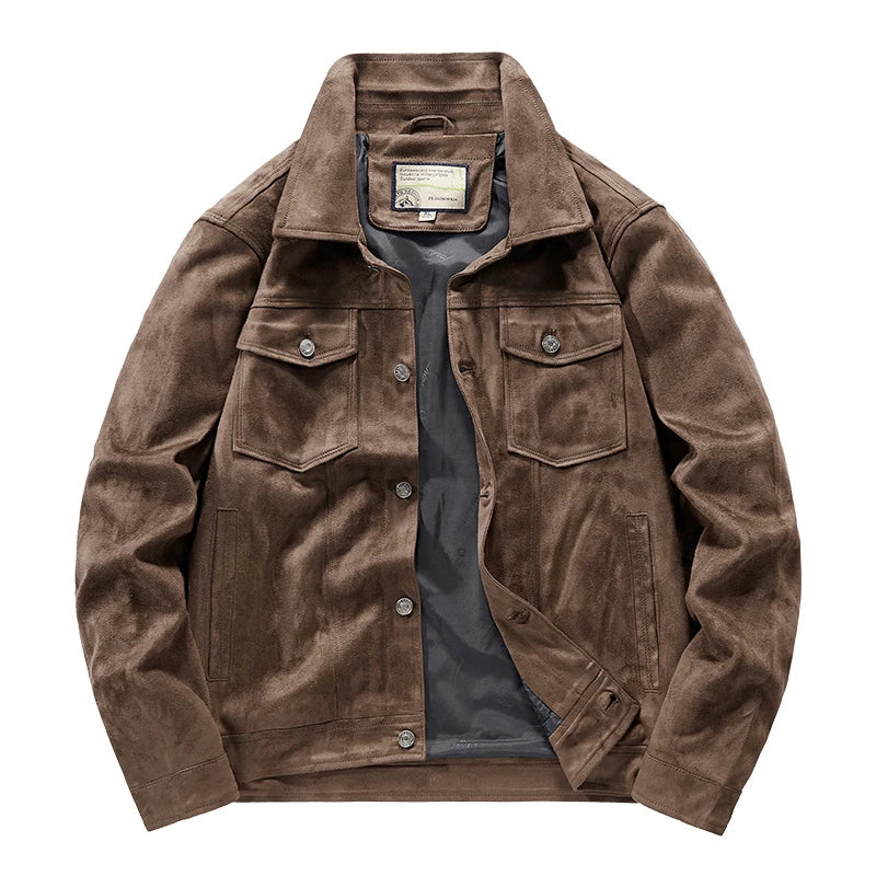 Men's brown premium suede jacket rugged style turn-down collar with functional chest pockets