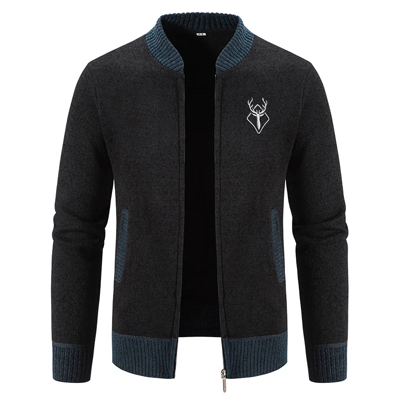 Men's navy knit bomber jacket full zip closure ribbed trim contrast collar chest emblem