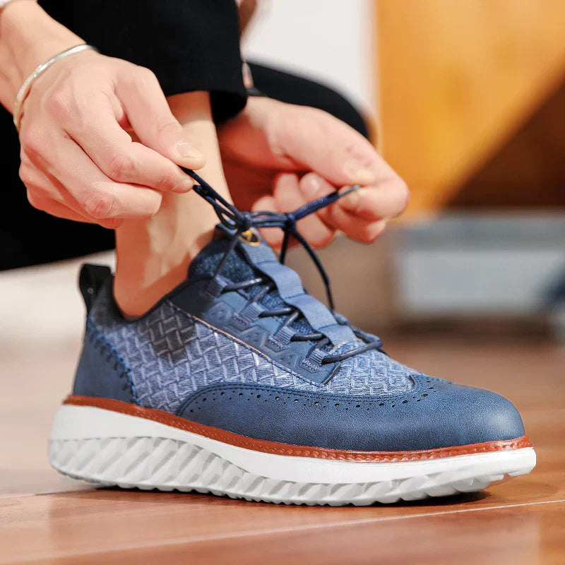 Men's woven patchwork sneakers with breathable mesh upper and faux leather wingtip detailing
