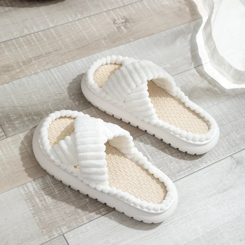 Women's beige linen slip-on slippers with sculpted cross-band silhouette and breathable linen footbed