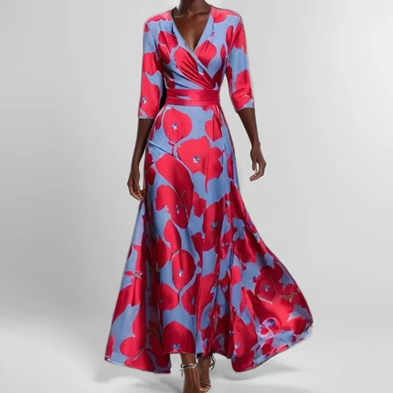 Women's ankle-length printed pleated dress with elegant V-neck, flowing silhouette, timeless style