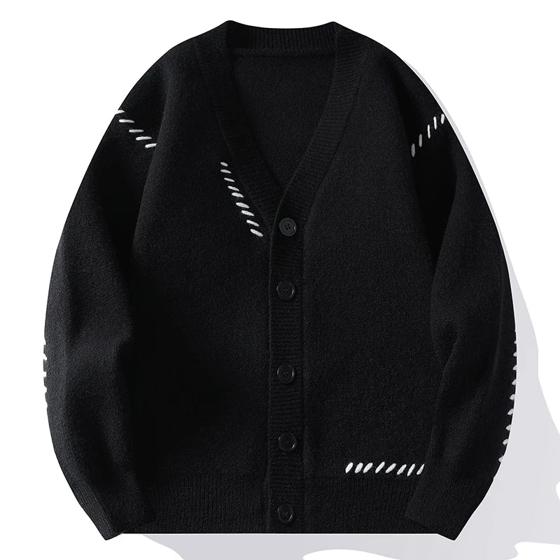 Women's soft knit cardigan with contrast stitching, button-front closure, mid-weight essential layer