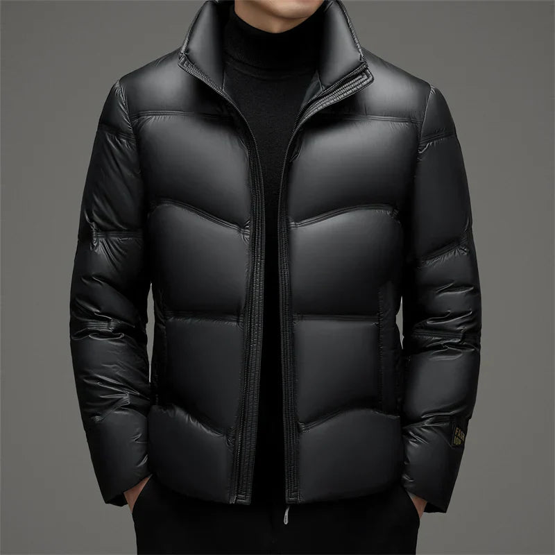 Men's high-gloss water-resistant down jacket with 90% duck down insulation, sleek urban silhouette