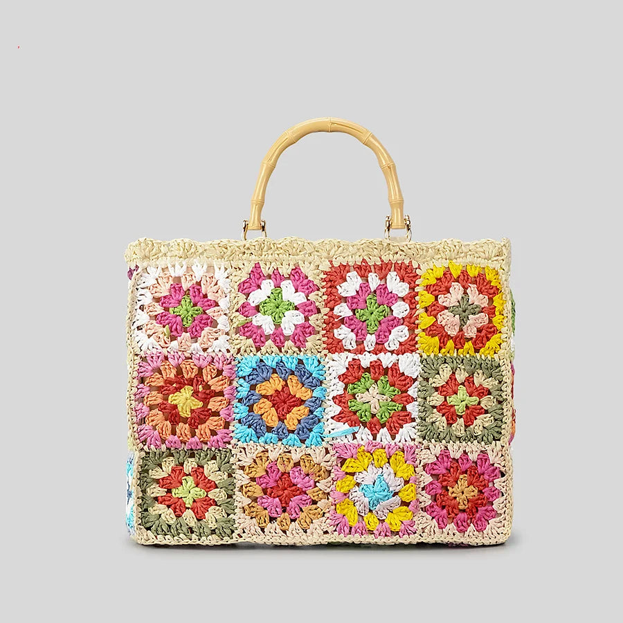 Boho mini crochet tote bag with bamboo handles, handcrafted eco-friendly design in neutral tones