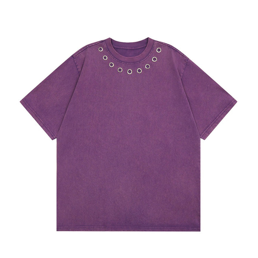 Faded black oversized heavyweight cotton crew neck tee with metal eyelets grunge streetwear unisex