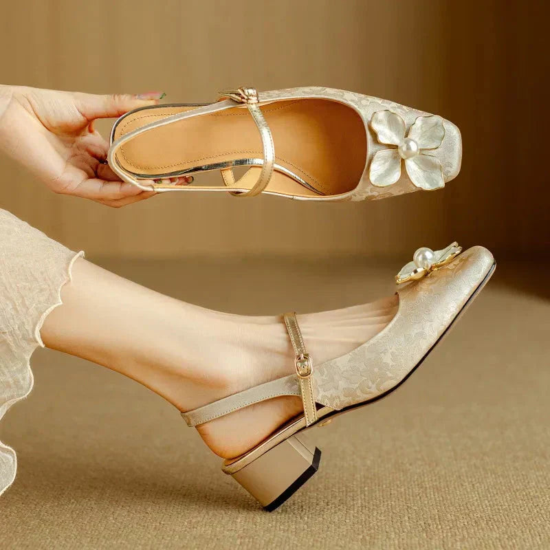 Florine | Women's Floral Slingback Pumps Square Toe Block Heel Shoes