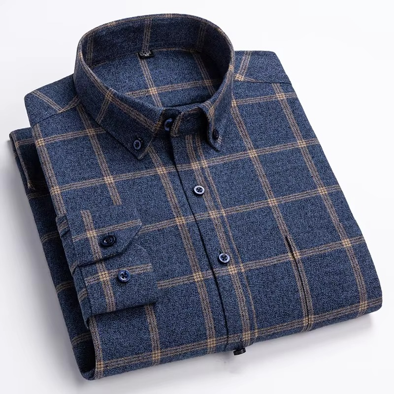 Men's plus size plaid long sleeve shirt in 7XL with chest pocket, 100% cotton relaxed fit