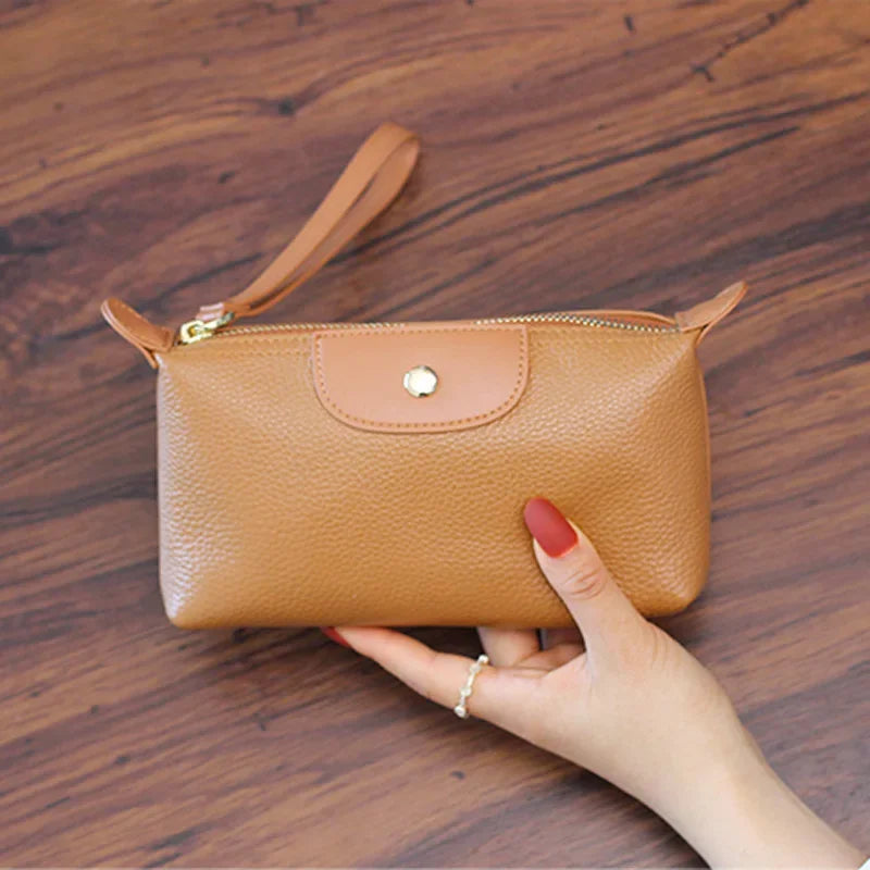 Anne vegan leather wristlet clutch bag compact pebbled PU design with secure zipper closure