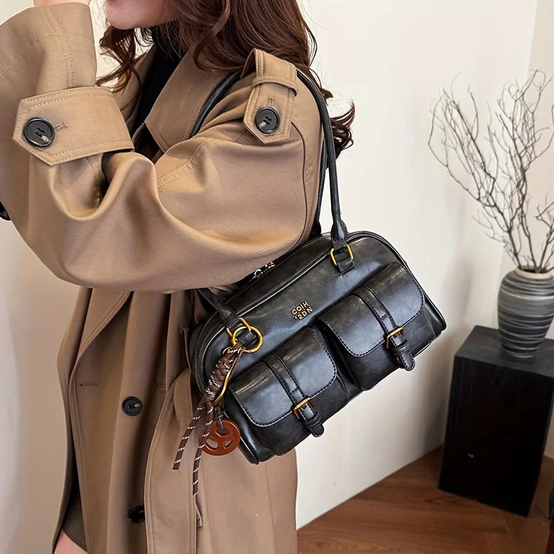 Katherine women's black vegan leather structured shoulder bag with chic silhouette and secure storage